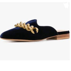 YDN Navy Velvet Slip-On Mules with Gold Chain Accent